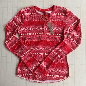 NWT SKIMS Plush Pointelle Henley  Long Sleeve - Red Fair Isle L*